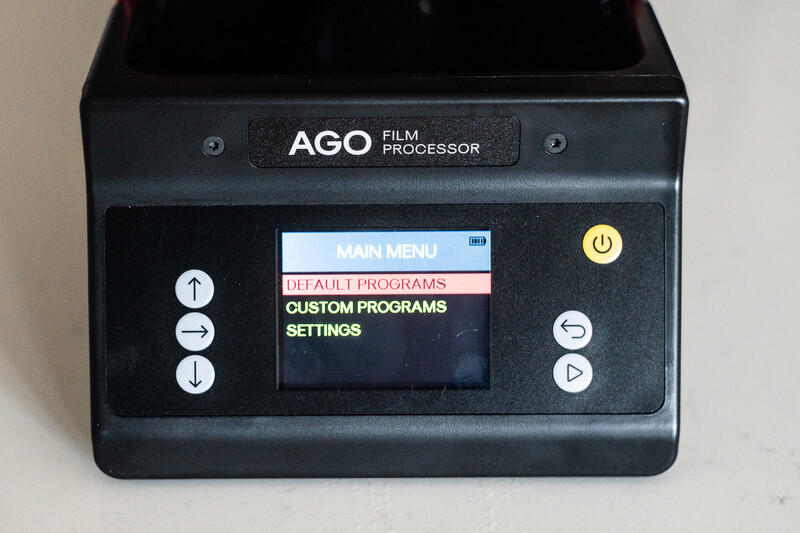 AGO Film Processor control panel with LCD menu display and navigation buttons.