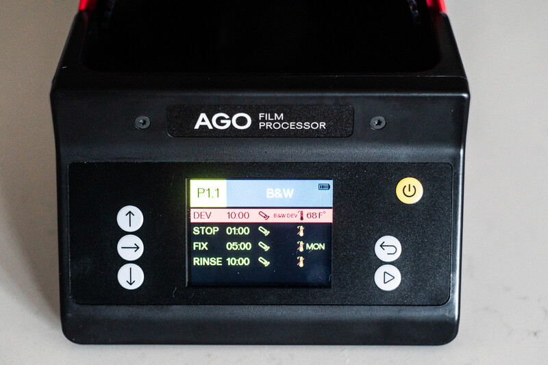 AGO Film Processor with digital control panel displaying development times and settings.