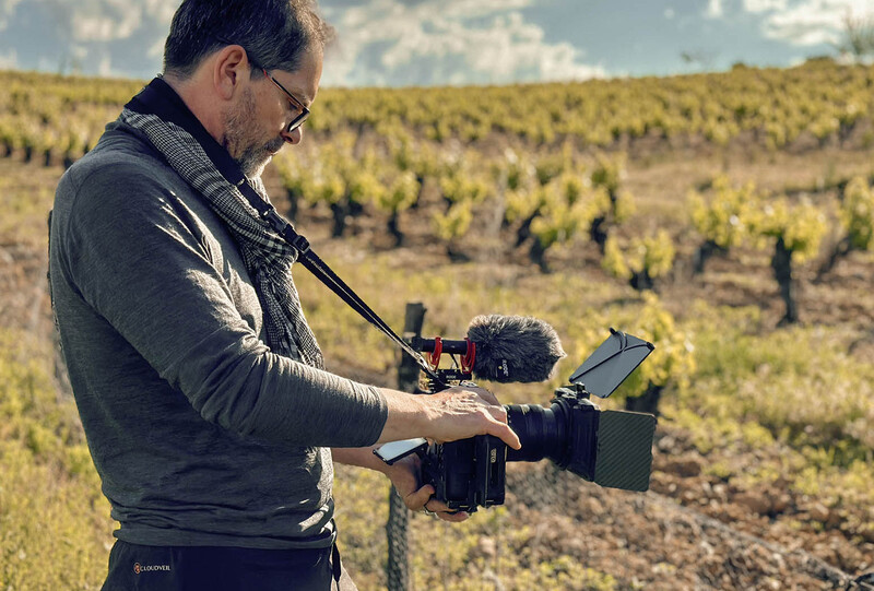 Videographer operating camera equipment in a vineyard during golden hour light.