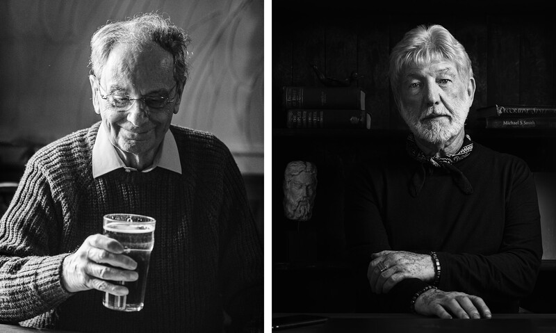 Two black and white portraits of older men with gray hair, shot against dark backgrounds with directional lighting.