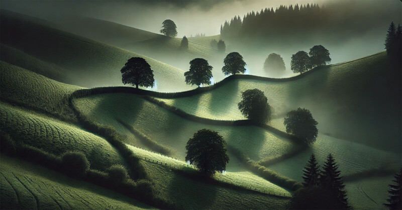 Rolling green hills with scattered trees and misty forest backdrop, dramatically lit by directional light.