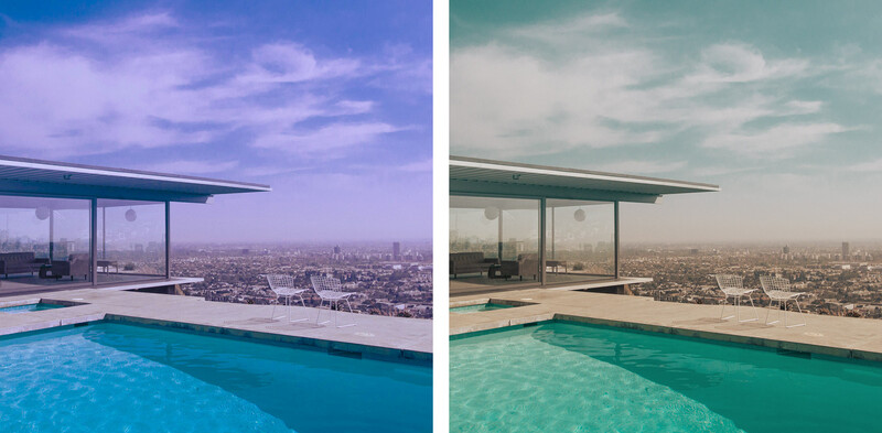 Side-by-side comparison of the same rooftop pool scene with different color grading treatments.