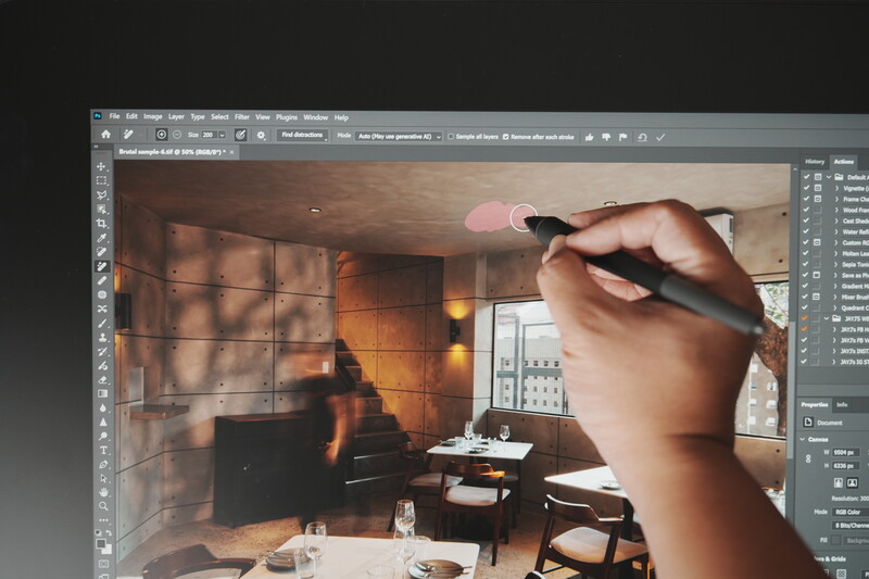 Screenshot of photo editing software showing a restaurant interior with warm lighting being retouched with a stylus.