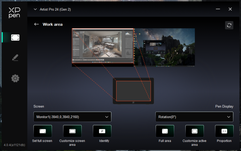 Screenshot of XP-Pen Artist Pro 24 pen display software showing workspace setup with multiple monitor configuration options.