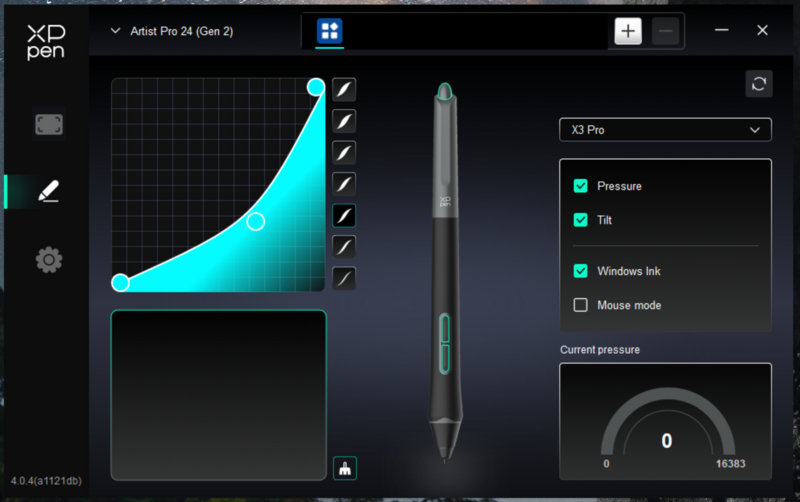 Screenshot of XP-Pen stylus software interface showing pressure curve settings and device configuration panel.