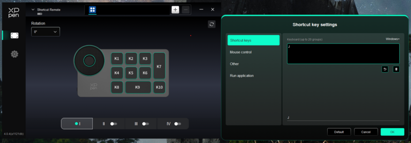Screenshot of XP-Pen shortcut remote configuration software showing programmable keys and settings panel.