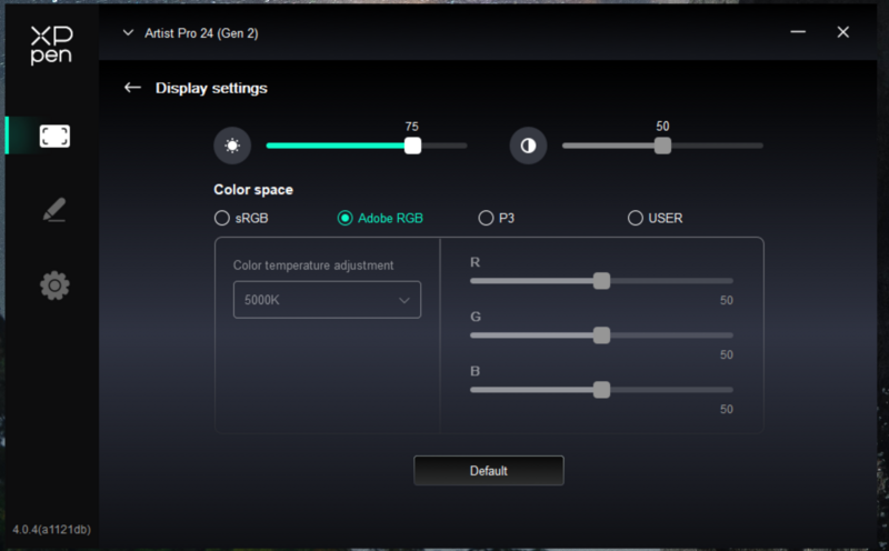 Screenshot of XP-Pen Artist Pro 24 display settings panel showing color space options and RGB adjustment sliders.