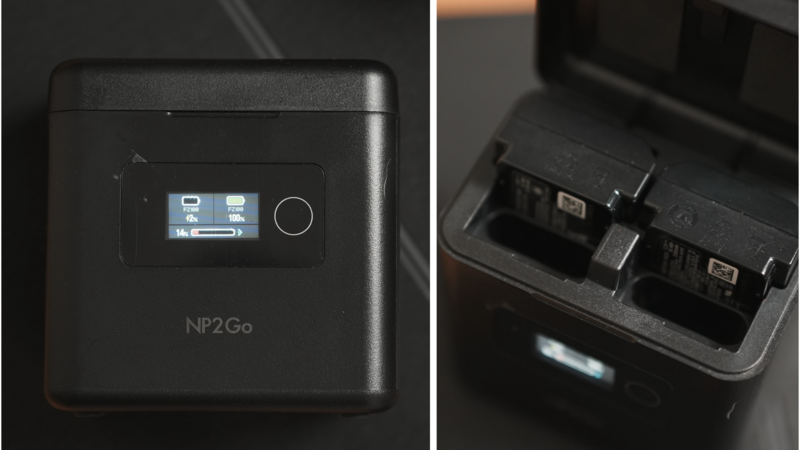 NP2Go portable power station with display screen and dual battery charging compartment.