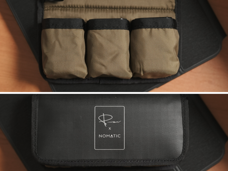 Camera gear organizer with three tan pouches and branded label in black webbing.