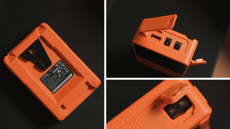 Orange protective case shown from multiple angles displaying interior battery compartment and exterior control buttons.