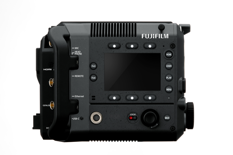 Rear view of a Fujifilm cinema camera body showing control panel, display screen, and connection ports.