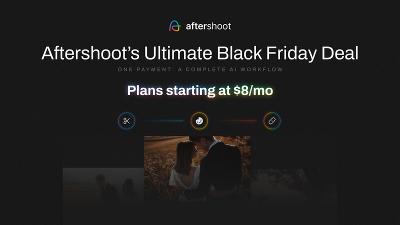 Screenshot of Aftershoot's Black Friday promotional banner featuring three feature icons and a couple silhouetted against a warm-toned landscape.