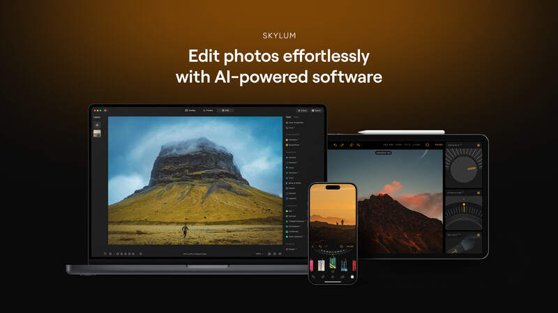 Screenshot of Skylum photo editing software displaying a landscape image of a mountain with yellow hillside on desktop and mobile displays.