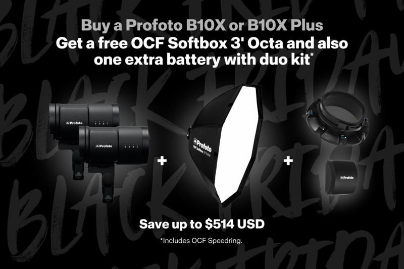 Promotional graphic displaying Profoto B10X lighting equipment bundle with OCF Softbox and accessories on black background.