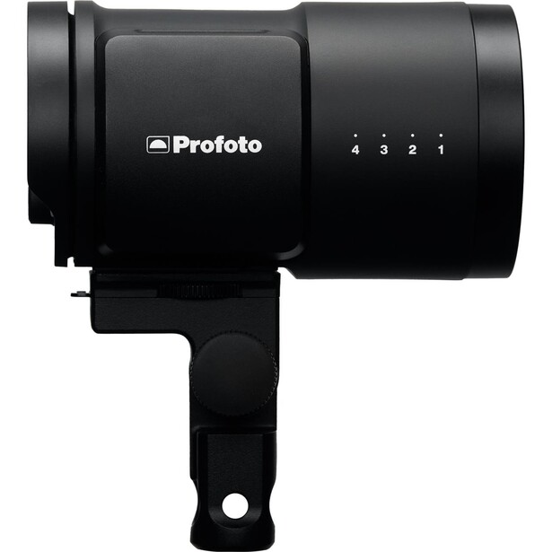 Profoto B10 Plus monolight with handle and power settings dial visible on black background.