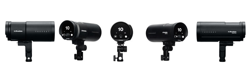 Five compact studio flash units shown from side angles with varying control interfaces and mounting brackets.