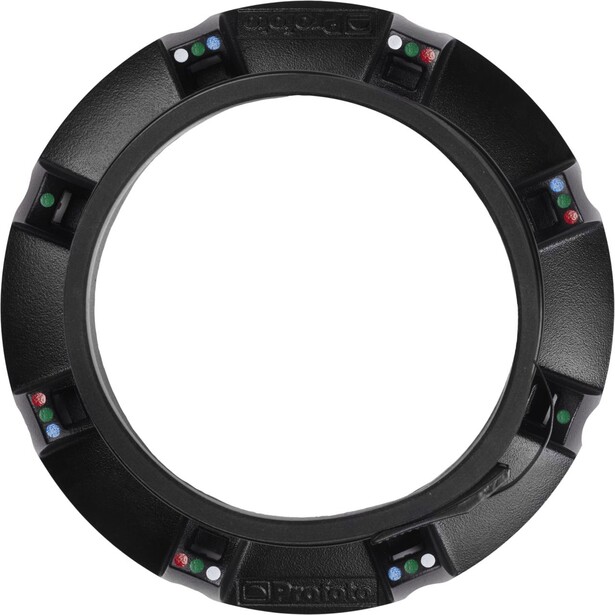 Circular ring light with integrated LED panels and control buttons around the outer edge.