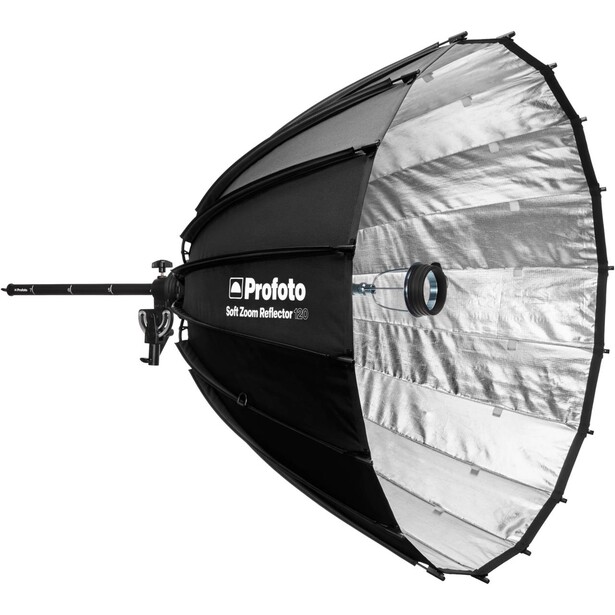 Profoto parabolic softbox with reflective interior and mounting bracket shown at an angle.