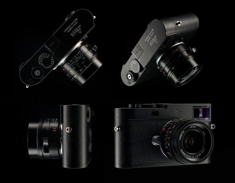 Four views of a rangefinder camera shown from different angles against a black background.