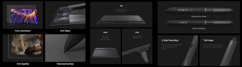 Product display showing tablet screen features and digital pen accessories with specifications.