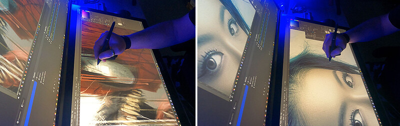Digital editing workspace showing portrait retouching with close-up eye detail displayed on monitor.