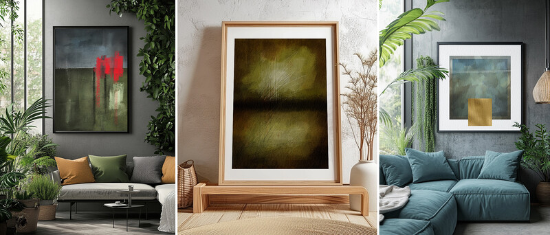 Three interior design vignettes showcasing framed artwork and botanical styling in modern spaces.