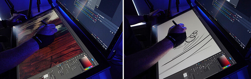 Digital artist using a stylus on a graphics tablet displaying contrasting wood texture and line drawing designs.