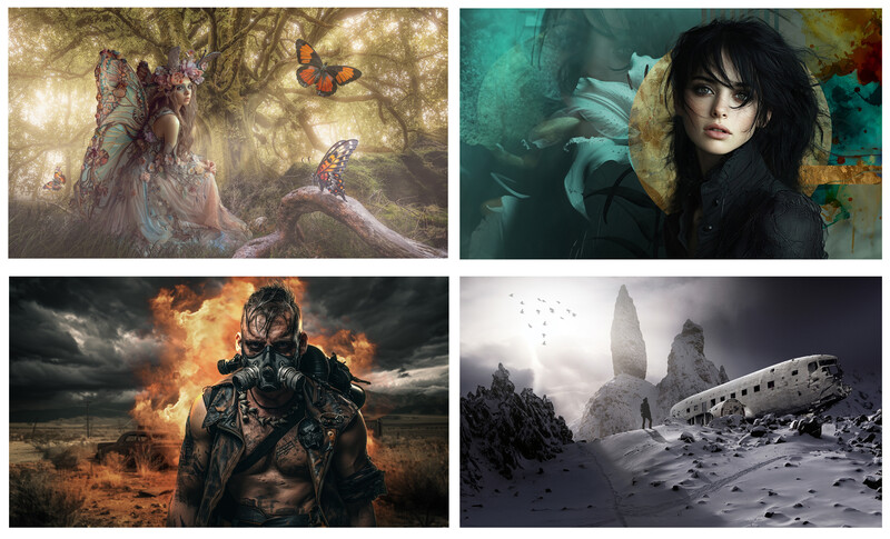 Four digital artworks showcasing fantasy and sci-fi visual effects with dramatic lighting and color grading.