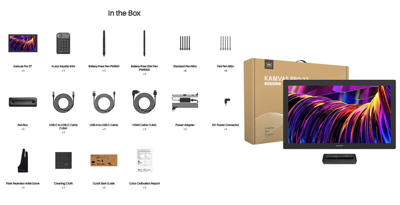 Product layout showing a portable monitor with accessories and packaging contents arranged in a grid display.