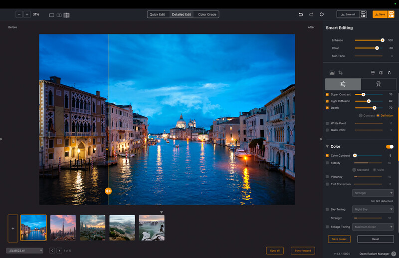 Screenshot of photo editing software showing Venice canal at dusk with smart editing panel open on right.