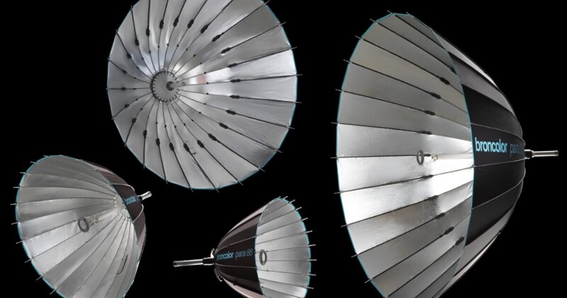 Multiple parabolic reflector umbrellas shown from various angles against a black background.