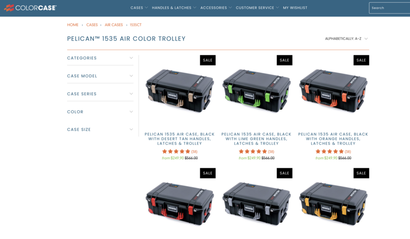 Screenshot of Pelican 1535 Air Color Trolley product page displaying six hard cases in different color variations.