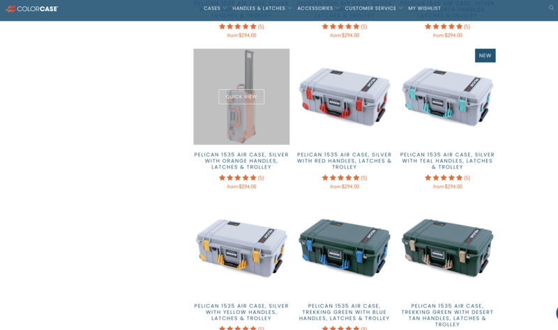 Product grid displaying six Pelican hard cases in various colors and sizes with orange and teal accents.