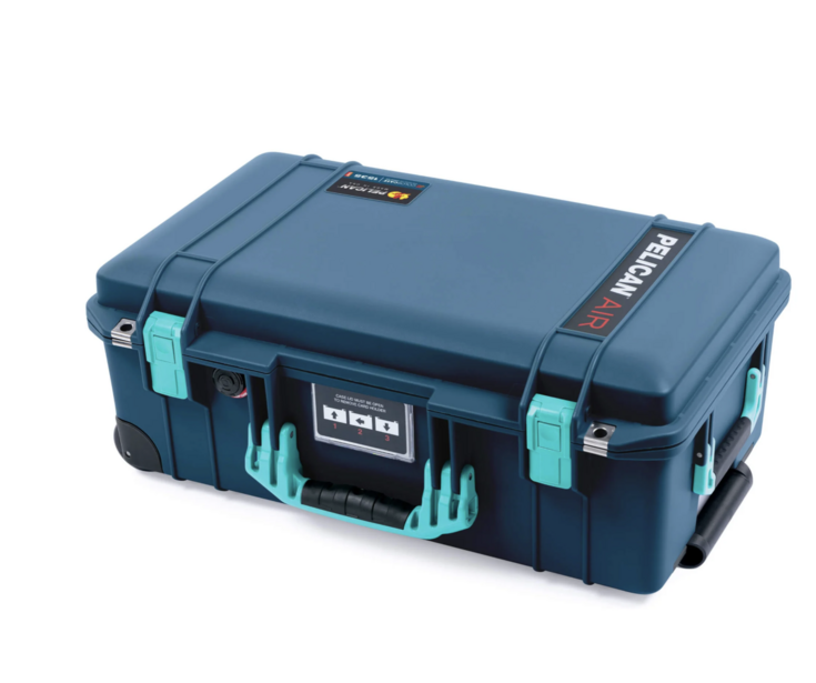 Navy blue and teal protective equipment case with handle and latches.