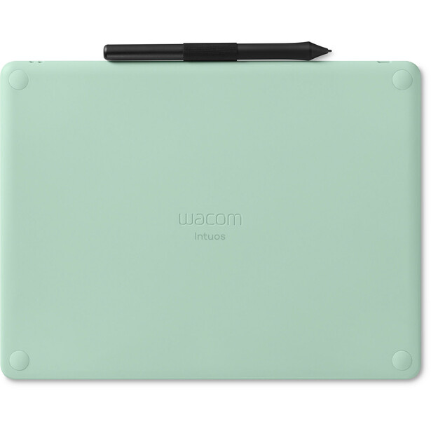 Wacom pen tablet with stylus in mint green color displayed from above.