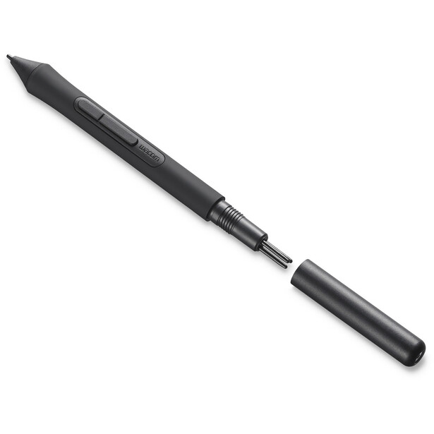 Black stylus pen with replaceable tip and detachable cap shown against white background.