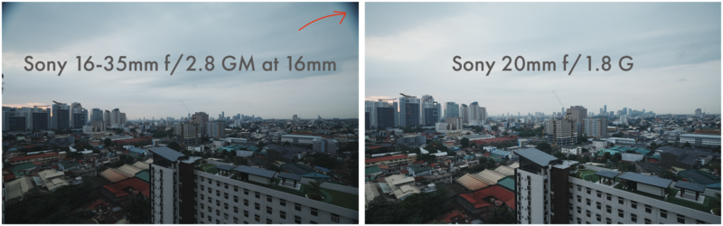 Urban cityscape comparison shot with two different Sony lenses showing subtle differences in field of view and rendering.