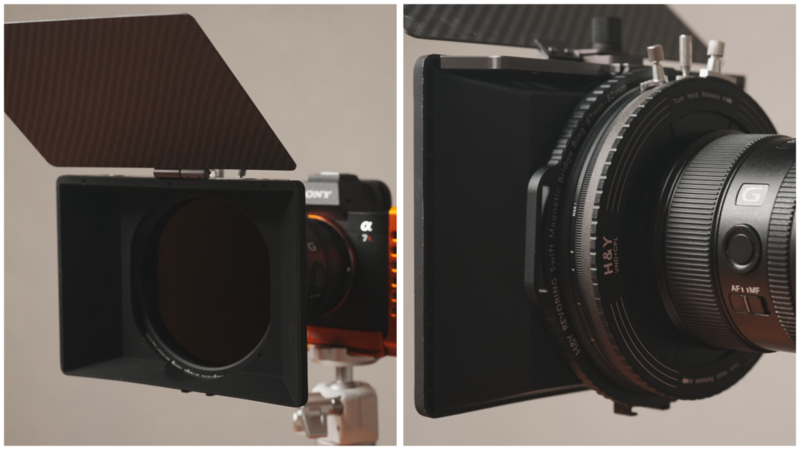 Two views of a camera matte box system with lens adapter and follow focus wheel.