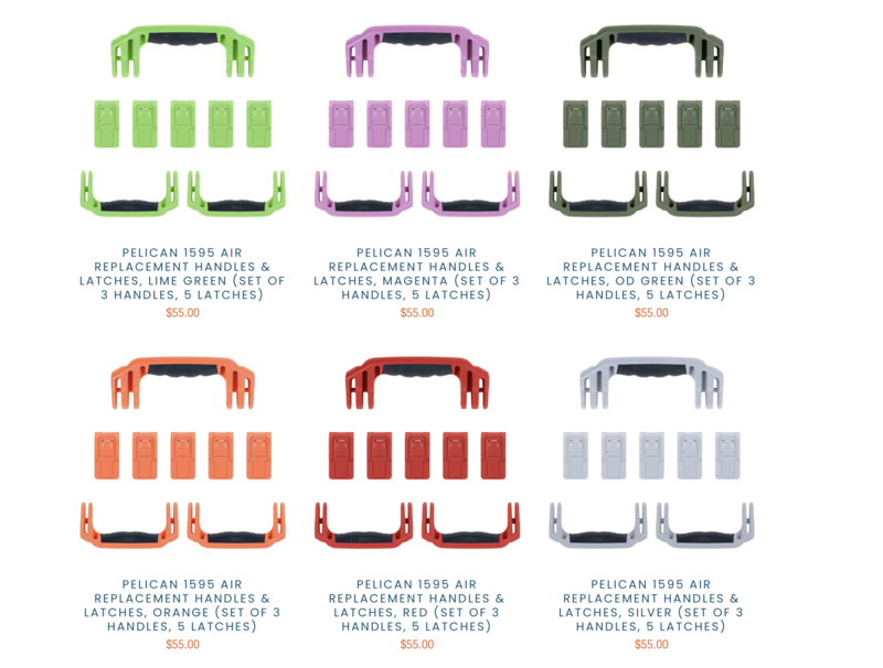 Illustration of six Pelican 1555 Air protective cases with colored replacement handles and latches.