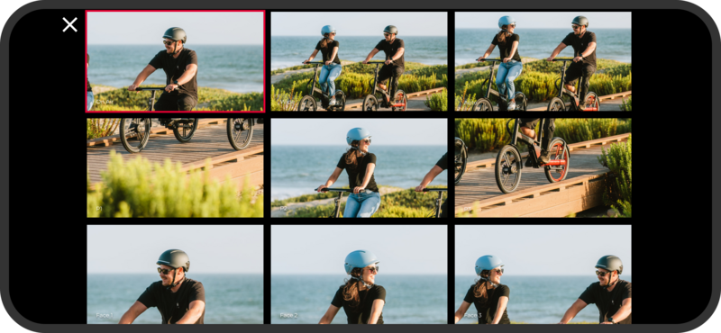 Contact sheet grid of a cyclist in a black shirt and blue helmet riding on a coastal path near ocean and vegetation.