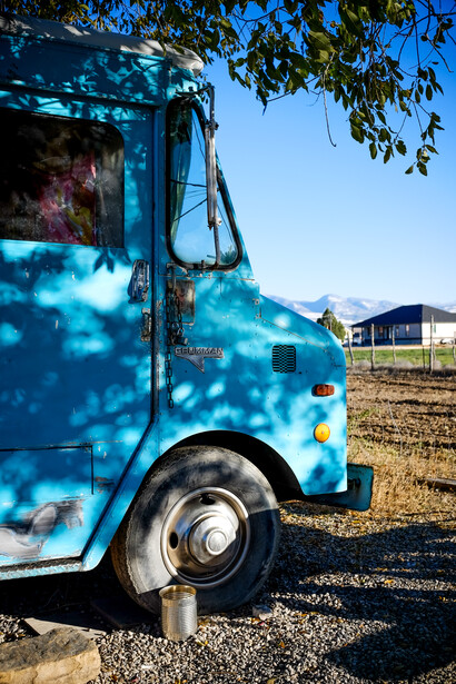 Bright blue vintage truck photographed in dappled sunlight with tree shadows cast across its side panel.