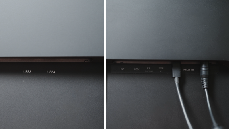 Close-up comparison of ports on two monitor edges, showing USB connections on left side and HDMI/audio ports on right side.