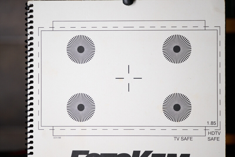 Diagram showing four circular test patterns arranged in a rectangle with center crosshairs and measurement labels indicating HDTV and safe areas.