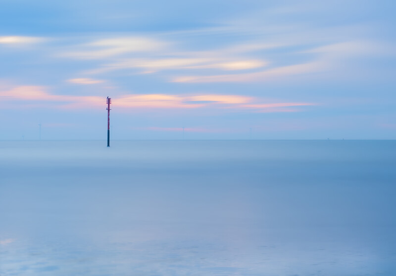 Solitary pole rising from calm water at dusk with pastel pink and blue sky.