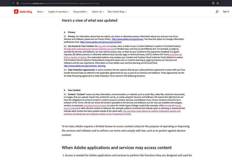 Screenshot of Adobe privacy policy documentation showing updated information sections.