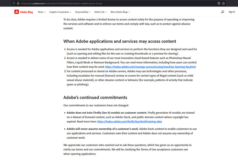 Screenshot of Adobe's content licensing policy documentation.