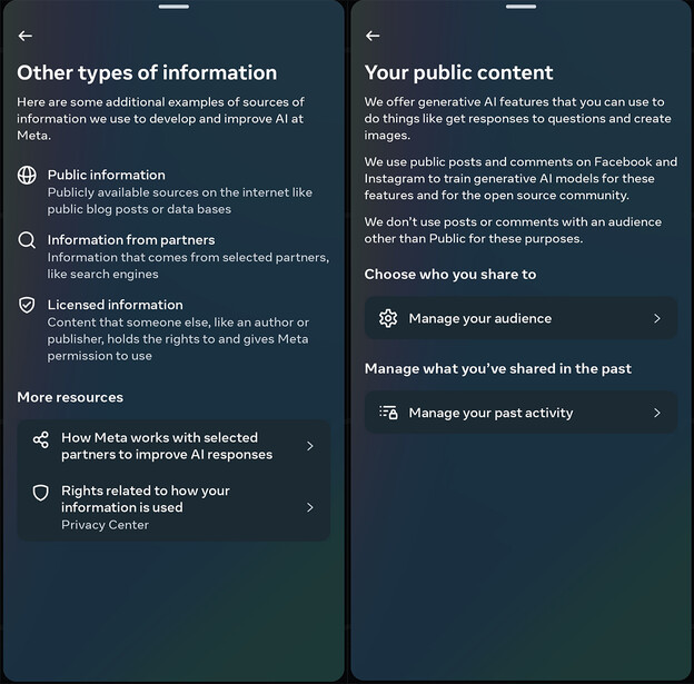 Screenshot of AI policy settings showing information types and content sharing options.