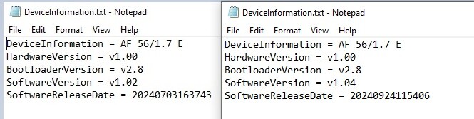 Screenshot comparing two versions of a device information text file in Notepad, showing differences in software version and release date.