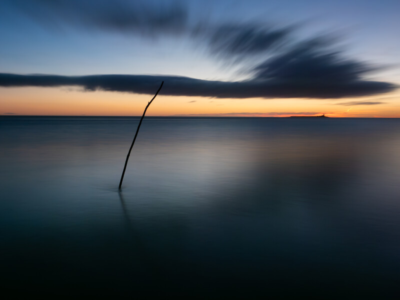 Single curved stick protruding from calm water at twilight, with dramatic sky and horizon line.
