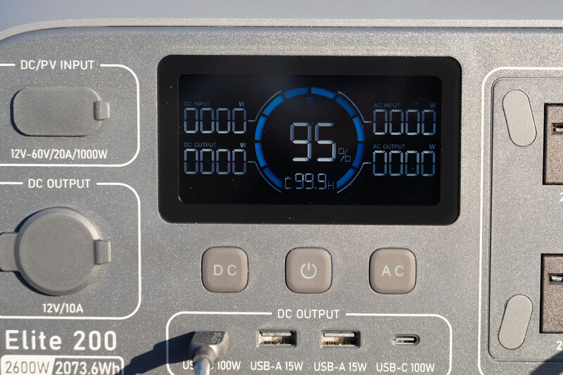 Close-up of Elite 200 portable power station display showing 95% battery level and output specifications.